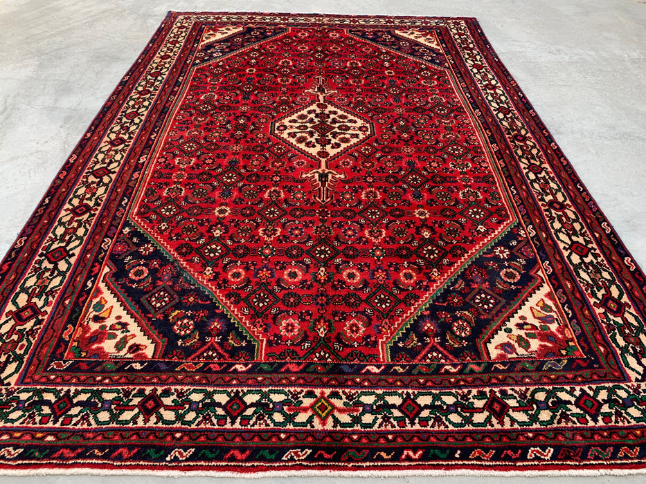 Handmade Persian Wool Area Rug 7x10 - Red Geometric Medallion Persian Style Rug with Ivory Border - Exact Size 9'10" x 6'8" - KBHM-843