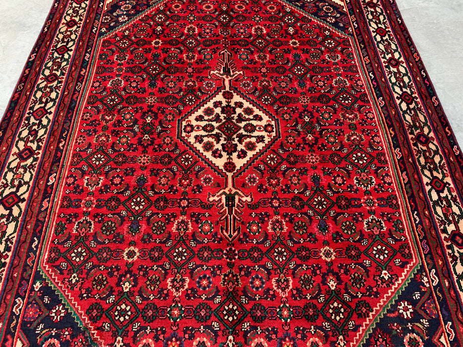 Handmade Persian Wool Area Rug 7x10 - Red Geometric Medallion Persian Style Rug with Ivory Border - Exact Size 9'10" x 6'8" - KBHM-843