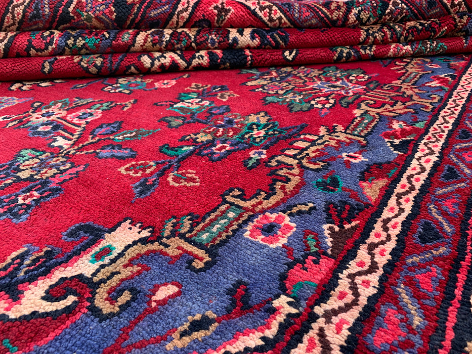Handmade Persian Wool Area Rug 7x10 - Red Floral Medallion Persian Style Rug with Blue Border - Exact Size 10'2" x 7'0" - KBHM-844