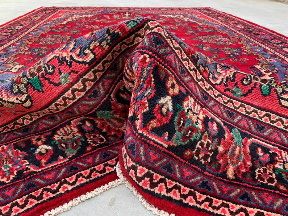 Handmade Persian Wool Area Rug 7x10 - Red Floral Medallion Persian Style Rug with Blue Border - Exact Size 10'2" x 7'0" - KBHM-844