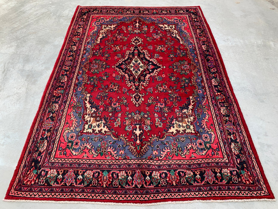 Handmade Persian Wool Area Rug 7x10 - Red Floral Medallion Persian Style Rug with Blue Border - Exact Size 10'2" x 7'0" - KBHM-844