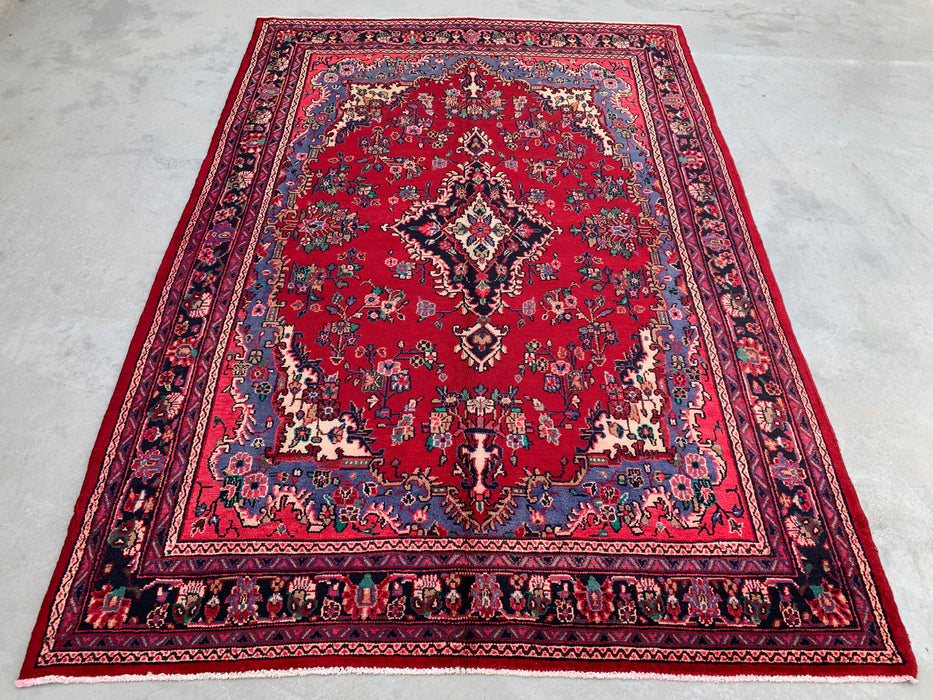 Handmade Persian Wool Area Rug 7x10 - Red Floral Medallion Persian Style Rug with Blue Border - Exact Size 10'2" x 7'0" - KBHM-844