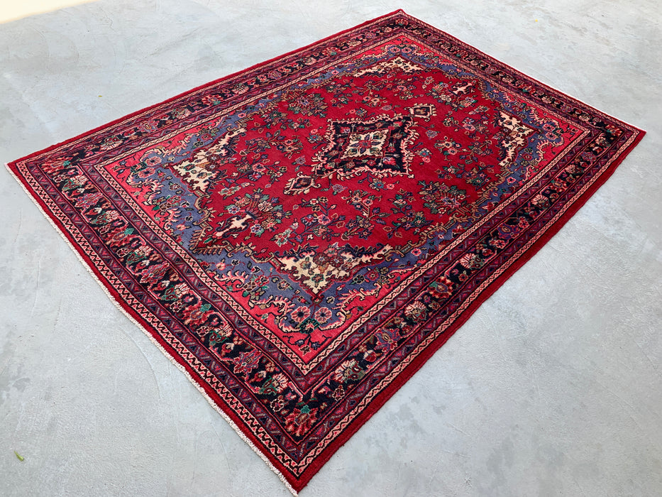 Handmade Persian Wool Area Rug 7x10 - Red Floral Medallion Persian Style Rug with Blue Border - Exact Size 10'2" x 7'0" - KBHM-844