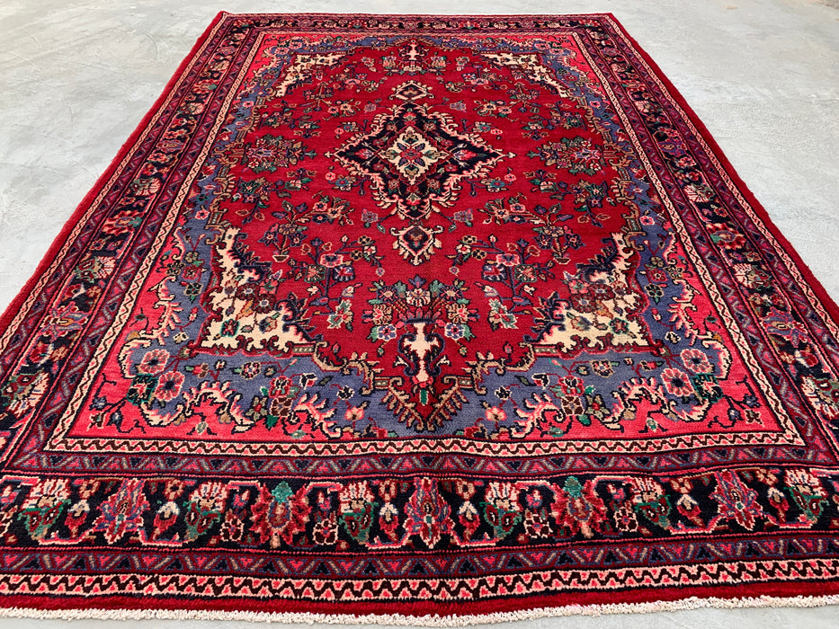 Handmade Persian Wool Area Rug 7x10 - Red Floral Medallion Persian Style Rug with Blue Border - Exact Size 10'2" x 7'0" - KBHM-844