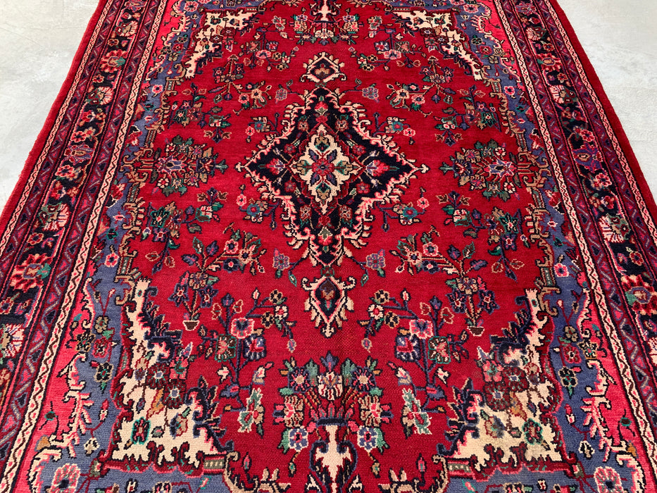 Handmade Persian Wool Area Rug 7x10 - Red Floral Medallion Persian Style Rug with Blue Border - Exact Size 10'2" x 7'0" - KBHM-844