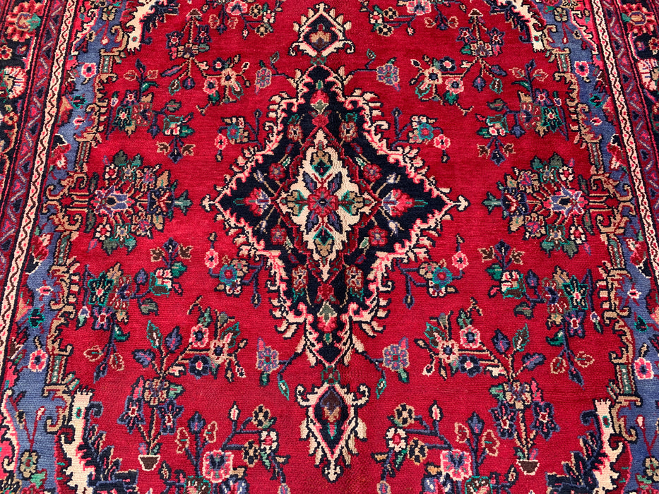 Handmade Persian Wool Area Rug 7x10 - Red Floral Medallion Persian Style Rug with Blue Border - Exact Size 10'2" x 7'0" - KBHM-844
