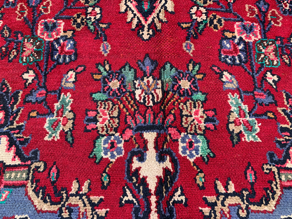 Handmade Persian Wool Area Rug 7x10 - Red Floral Medallion Persian Style Rug with Blue Border - Exact Size 10'2" x 7'0" - KBHM-844