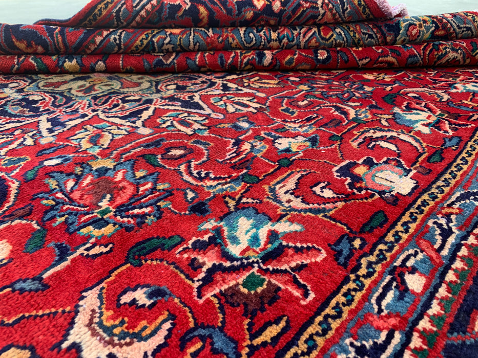 Handmade Persian Wool Area Rug 7x10 - Red Floral Medallion Persian Style Rug with Navy Border - Exact Size 9'5" x 7'0" - KBHM-845