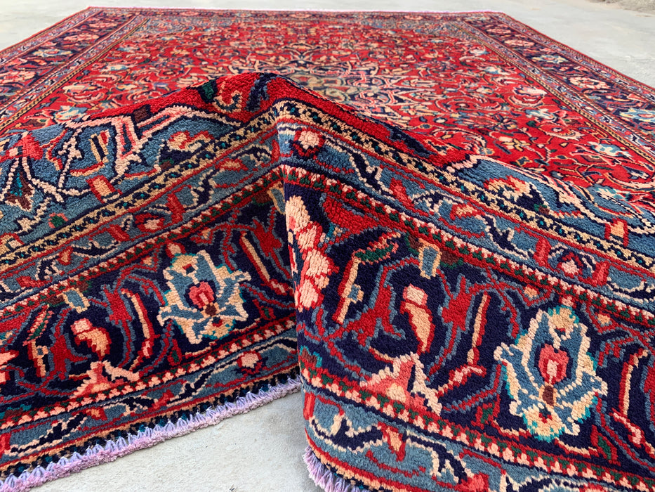Handmade Persian Wool Area Rug 7x10 - Red Floral Medallion Persian Style Rug with Navy Border - Exact Size 9'5" x 7'0" - KBHM-845