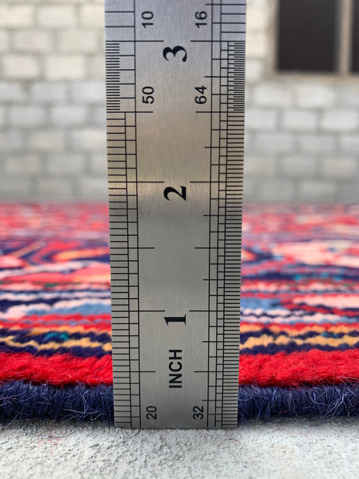 Handmade Persian Wool Area Rug 7x10 - Red Floral Medallion Persian Style Rug with Navy Border - Exact Size 9'5" x 7'0" - KBHM-845