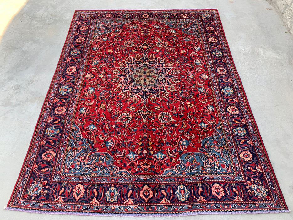 Handmade Persian Wool Area Rug 7x10 - Red Floral Medallion Persian Style Rug with Navy Border - Exact Size 9'5" x 7'0" - KBHM-845