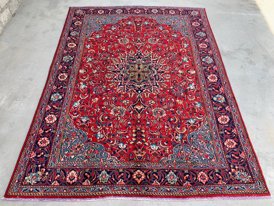 Handmade Persian Wool Area Rug 7x10 - Red Floral Medallion Persian Style Rug with Navy Border - Exact Size 9'5" x 7'0" - KBHM-845