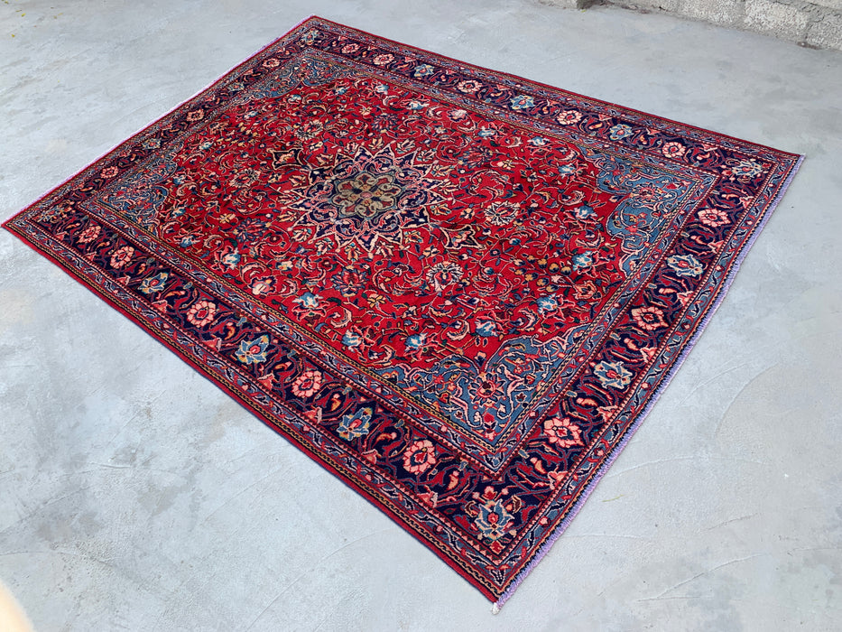 Handmade Persian Wool Area Rug 7x10 - Red Floral Medallion Persian Style Rug with Navy Border - Exact Size 9'5" x 7'0" - KBHM-845