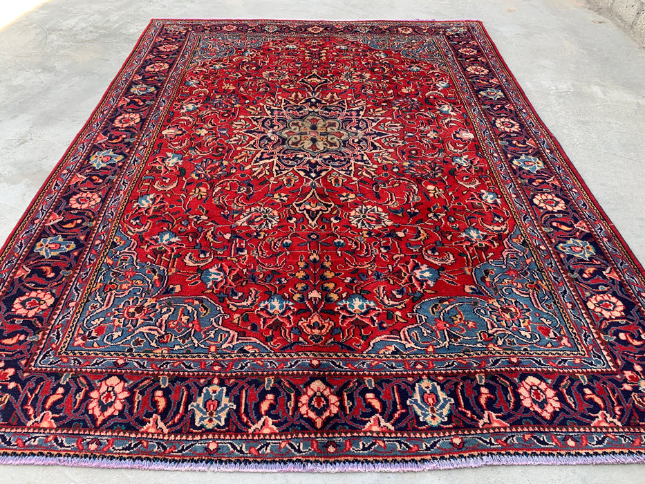 Handmade Persian Wool Area Rug 7x10 - Red Floral Medallion Persian Style Rug with Navy Border - Exact Size 9'5" x 7'0" - KBHM-845