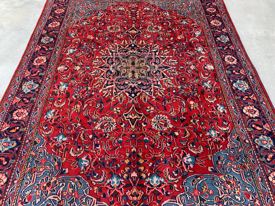 Handmade Persian Wool Area Rug 7x10 - Red Floral Medallion Persian Style Rug with Navy Border - Exact Size 9'5" x 7'0" - KBHM-845