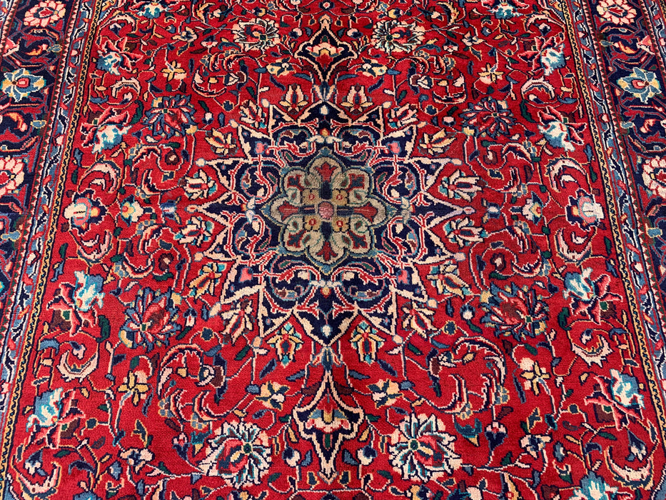 Handmade Persian Wool Area Rug 7x10 - Red Floral Medallion Persian Style Rug with Navy Border - Exact Size 9'5" x 7'0" - KBHM-845