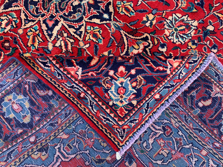 Handmade Persian Wool Area Rug 7x10 - Red Floral Medallion Persian Style Rug with Navy Border - Exact Size 9'5" x 7'0" - KBHM-845