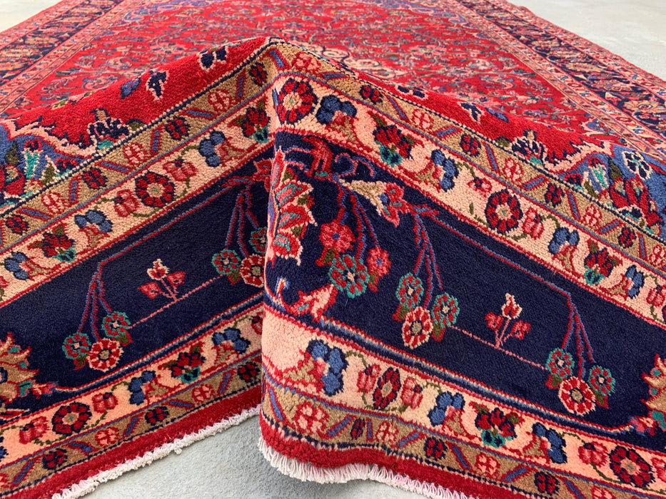 Handmade Persian Wool Area Rug 7x10 - Red Floral Medallion Persian Style Rug with Navy Border - Exact Size 10'4" x 6'11" - KBHM-846