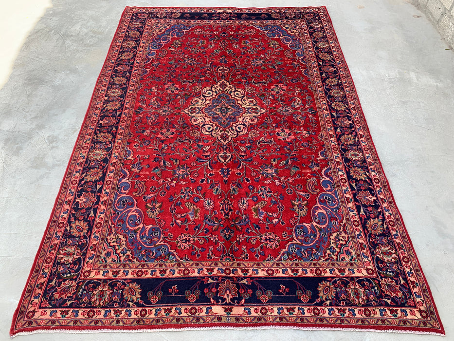 Handmade Persian Wool Area Rug 7x10 - Red Floral Medallion Persian Style Rug with Navy Border - Exact Size 10'4" x 6'11" - KBHM-846
