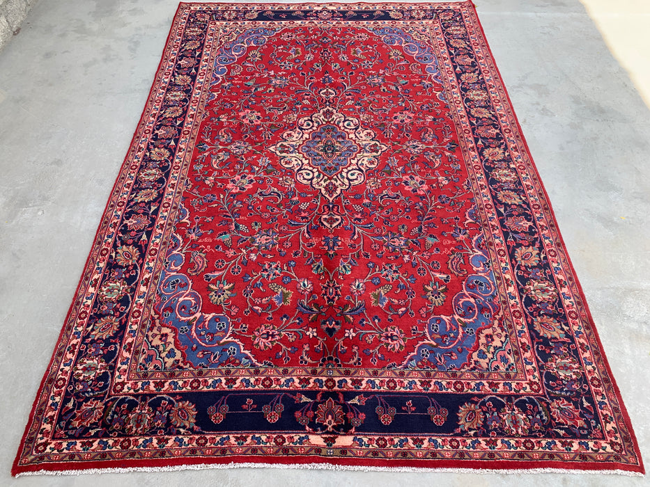 Handmade Persian Wool Area Rug 7x10 - Red Floral Medallion Persian Style Rug with Navy Border - Exact Size 10'4" x 6'11" - KBHM-846