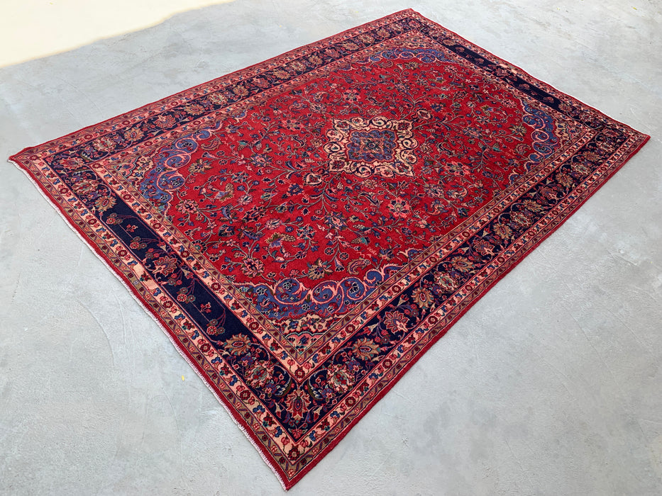Handmade Persian Wool Area Rug 7x10 - Red Floral Medallion Persian Style Rug with Navy Border - Exact Size 10'4" x 6'11" - KBHM-846
