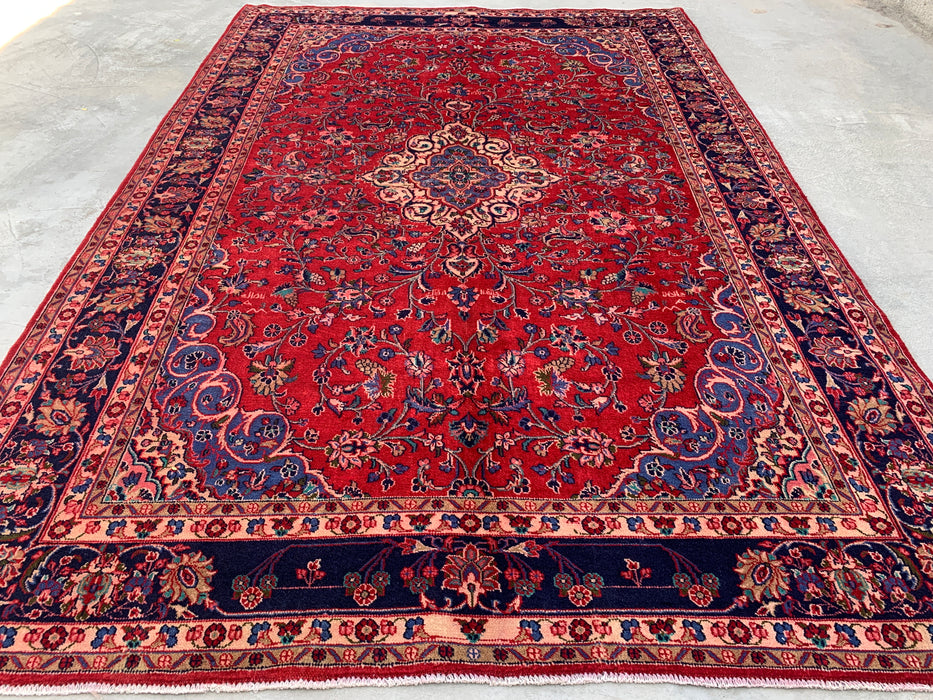 Handmade Persian Wool Area Rug 7x10 - Red Floral Medallion Persian Style Rug with Navy Border - Exact Size 10'4" x 6'11" - KBHM-846
