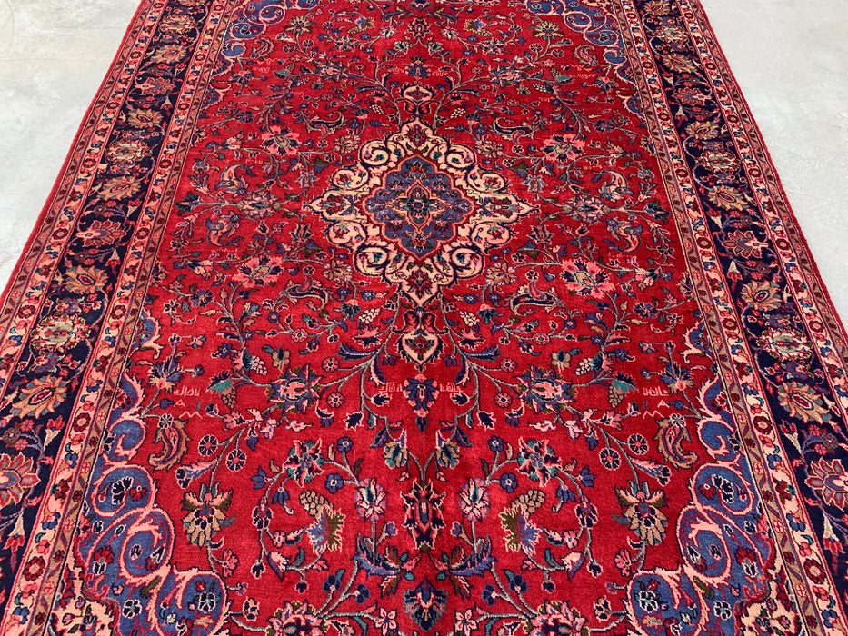 Handmade Persian Wool Area Rug 7x10 - Red Floral Medallion Persian Style Rug with Navy Border - Exact Size 10'4" x 6'11" - KBHM-846