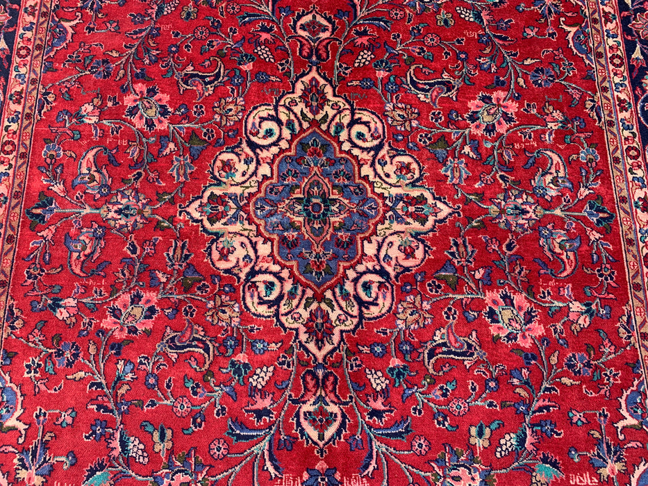 Handmade Persian Wool Area Rug 7x10 - Red Floral Medallion Persian Style Rug with Navy Border - Exact Size 10'4" x 6'11" - KBHM-846