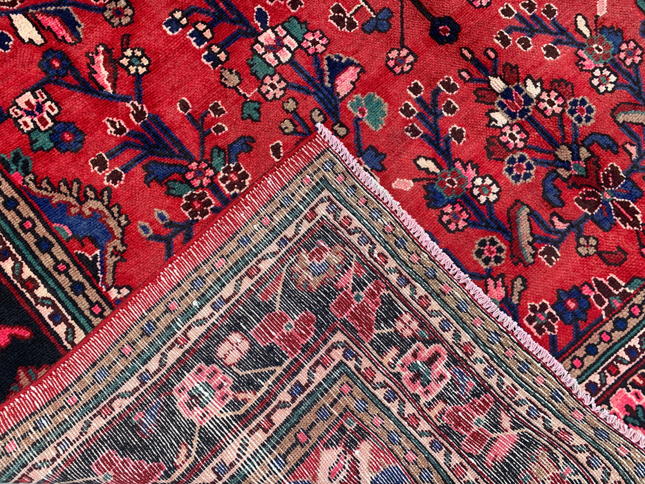 Handmade Persian Wool Area Rug 7x10 - Red Floral Medallion Persian Style Rug with Navy Border - Exact Size 10'0" x 7'0" - KBHM-847