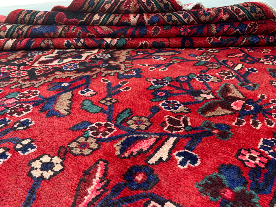 Handmade Persian Wool Area Rug 7x10 - Red Floral Medallion Persian Style Rug with Navy Border - Exact Size 10'0" x 7'0" - KBHM-847