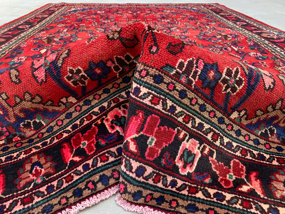Handmade Persian Wool Area Rug 7x10 - Red Floral Medallion Persian Style Rug with Navy Border - Exact Size 10'0" x 7'0" - KBHM-847