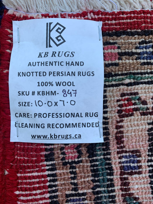 Handmade Persian Wool Area Rug 7x10 - Red Floral Medallion Persian Style Rug with Navy Border - Exact Size 10'0" x 7'0" - KBHM-847