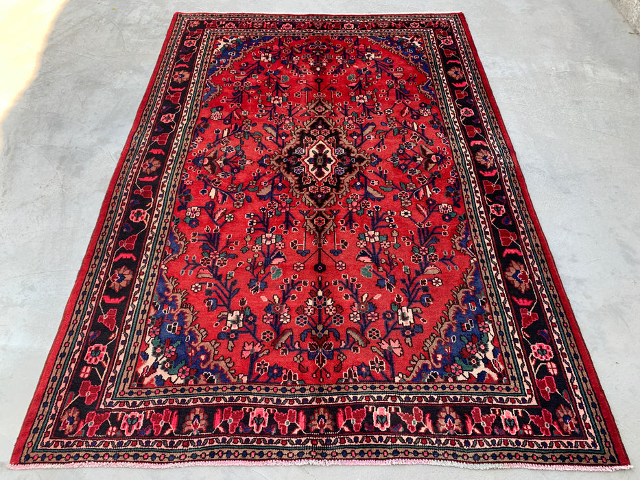 Handmade Persian Wool Area Rug 7x10 - Red Floral Medallion Persian Style Rug with Navy Border - Exact Size 10'0" x 7'0" - KBHM-847