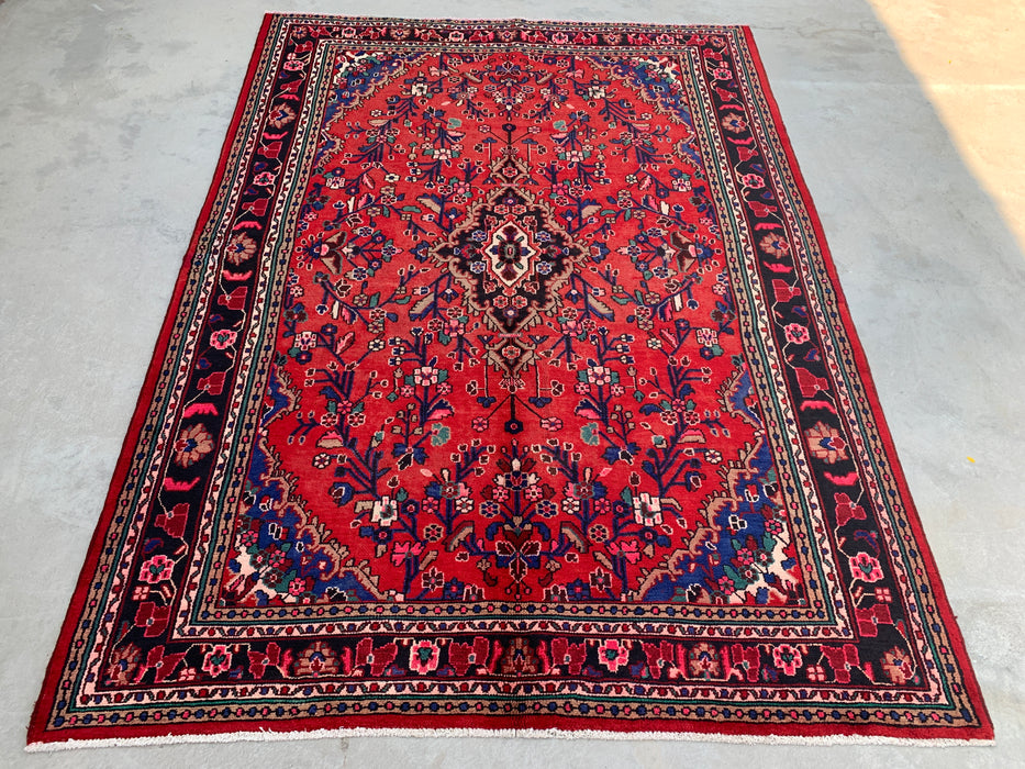 Handmade Persian Wool Area Rug 7x10 - Red Floral Medallion Persian Style Rug with Navy Border - Exact Size 10'0" x 7'0" - KBHM-847