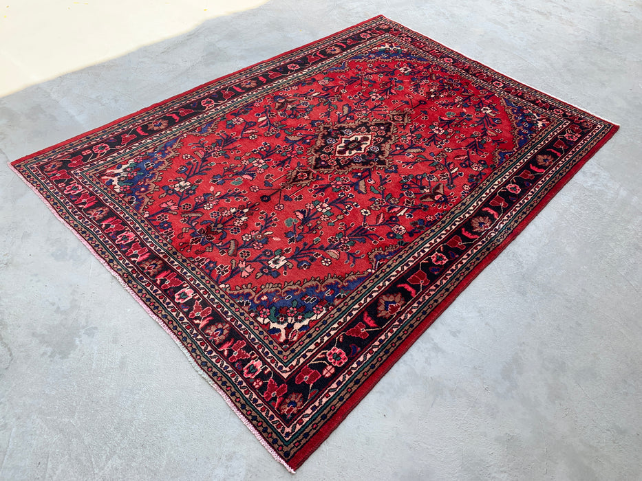Handmade Persian Wool Area Rug 7x10 - Red Floral Medallion Persian Style Rug with Navy Border - Exact Size 10'0" x 7'0" - KBHM-847