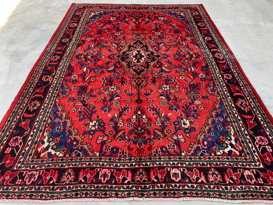 Handmade Persian Wool Area Rug 7x10 - Red Floral Medallion Persian Style Rug with Navy Border - Exact Size 10'0" x 7'0" - KBHM-847