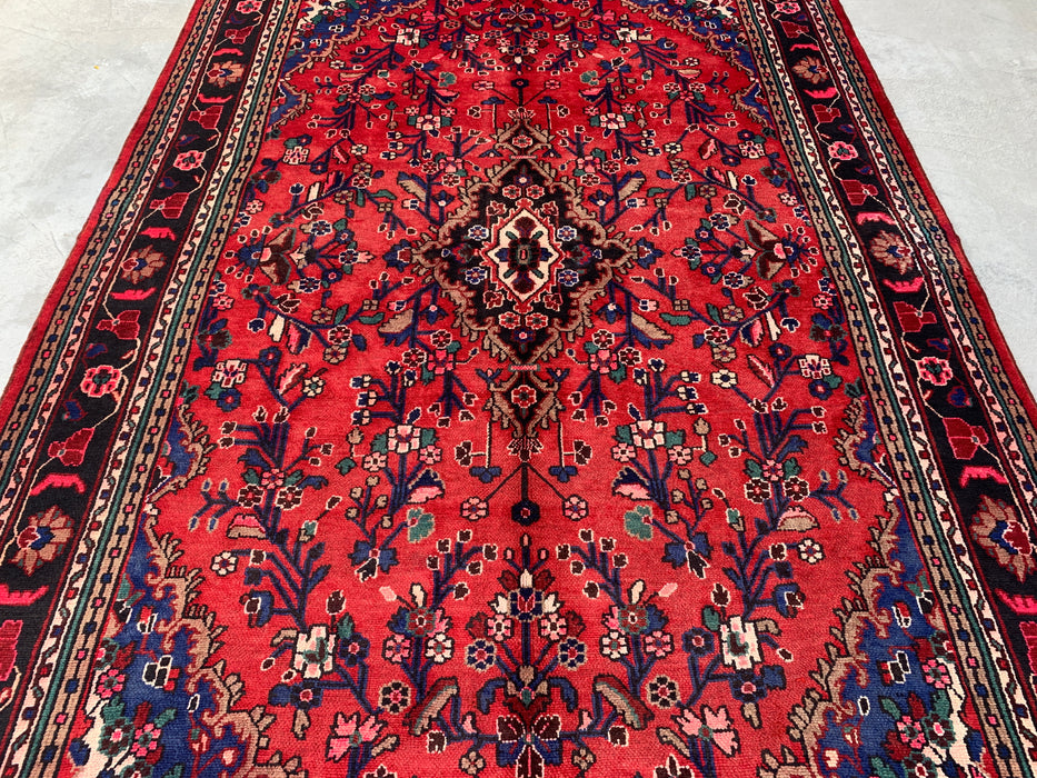 Handmade Persian Wool Area Rug 7x10 - Red Floral Medallion Persian Style Rug with Navy Border - Exact Size 10'0" x 7'0" - KBHM-847