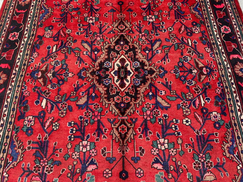 Handmade Persian Wool Area Rug 7x10 - Red Floral Medallion Persian Style Rug with Navy Border - Exact Size 10'0" x 7'0" - KBHM-847