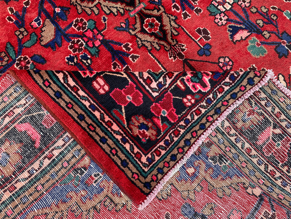 Handmade Persian Wool Area Rug 7x10 - Red Floral Medallion Persian Style Rug with Navy Border - Exact Size 10'0" x 7'0" - KBHM-847