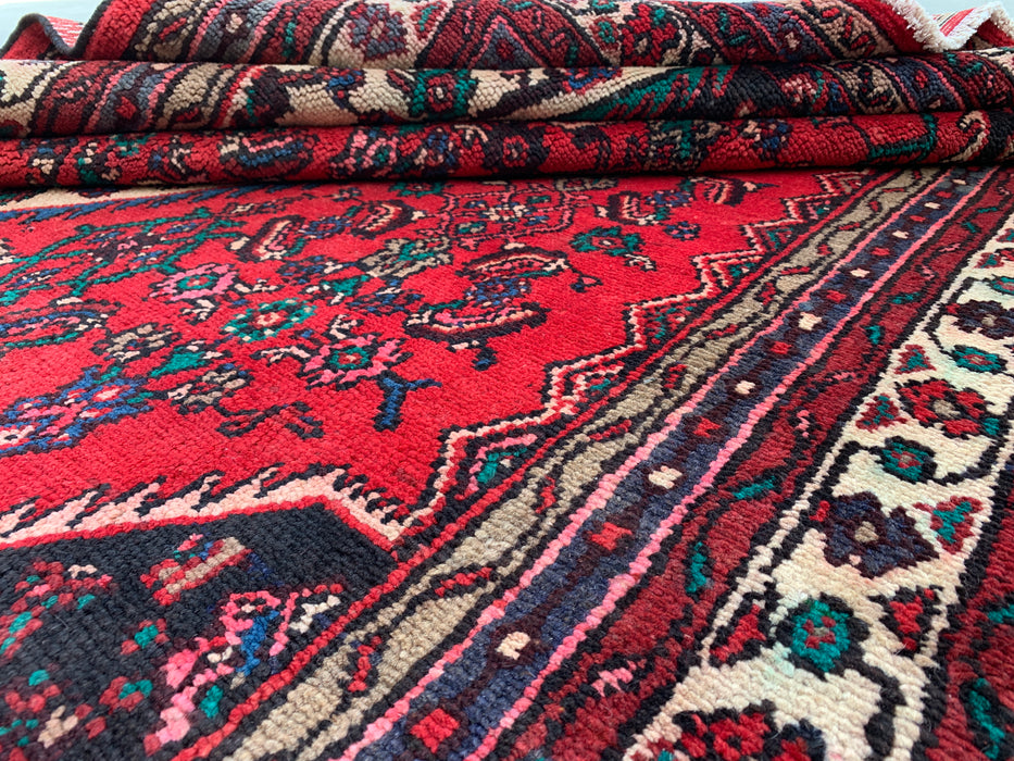 Handmade Persian Wool Area Rug 7x10 - Red Diamond Medallion Persian Style Rug with Ivory Border - Exact Size 9'8" x 6'10" - KBHM-848