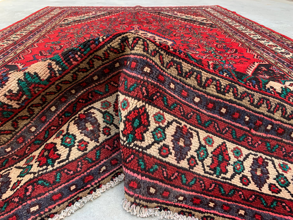 Handmade Persian Wool Area Rug 7x10 - Red Diamond Medallion Persian Style Rug with Ivory Border - Exact Size 9'8" x 6'10" - KBHM-848