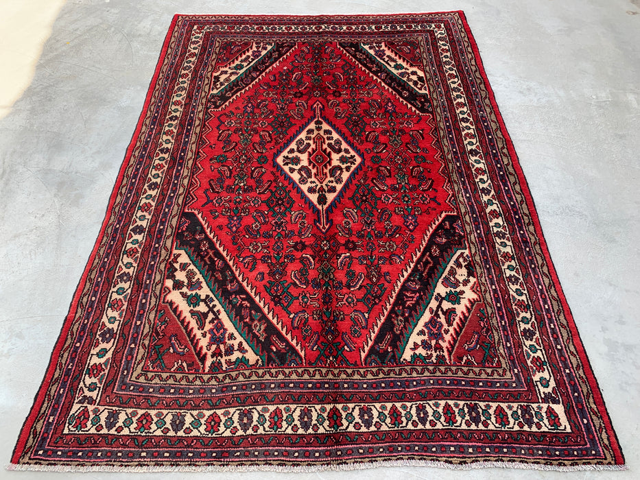 Handmade Persian Wool Area Rug 7x10 - Red Diamond Medallion Persian Style Rug with Ivory Border - Exact Size 9'8" x 6'10" - KBHM-848