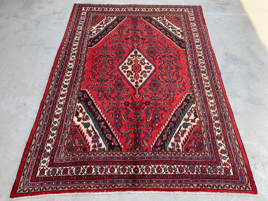 Handmade Persian Wool Area Rug 7x10 - Red Diamond Medallion Persian Style Rug with Ivory Border - Exact Size 9'8" x 6'10" - KBHM-848