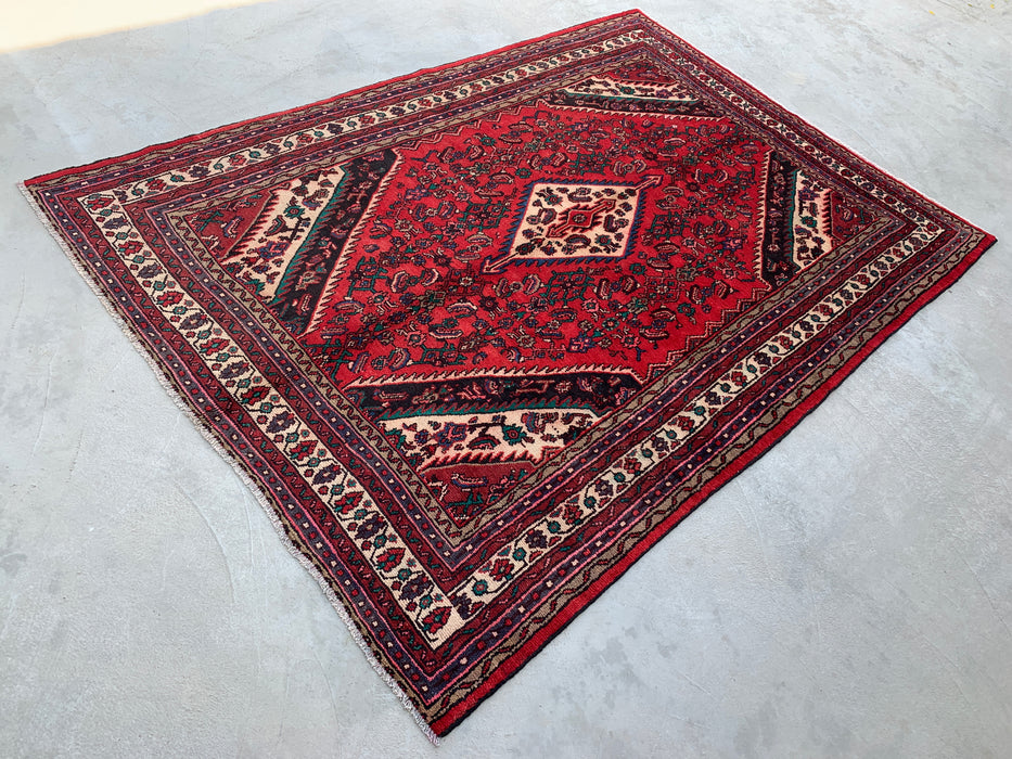 Handmade Persian Wool Area Rug 7x10 - Red Diamond Medallion Persian Style Rug with Ivory Border - Exact Size 9'8" x 6'10" - KBHM-848
