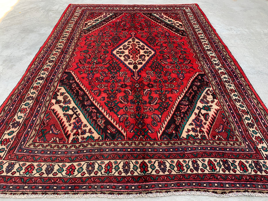 Handmade Persian Wool Area Rug 7x10 - Red Diamond Medallion Persian Style Rug with Ivory Border - Exact Size 9'8" x 6'10" - KBHM-848