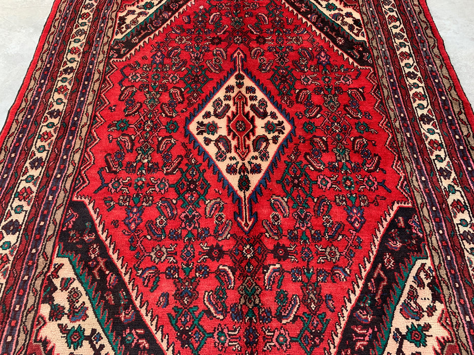 Handmade Persian Wool Area Rug 7x10 - Red Diamond Medallion Persian Style Rug with Ivory Border - Exact Size 9'8" x 6'10" - KBHM-848