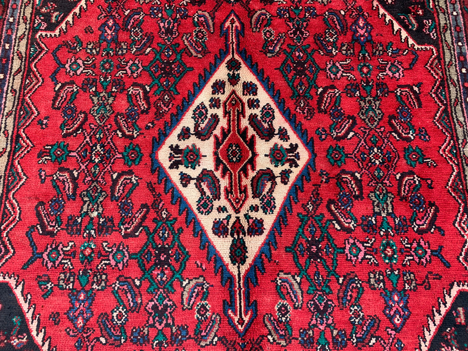 Handmade Persian Wool Area Rug 7x10 - Red Diamond Medallion Persian Style Rug with Ivory Border - Exact Size 9'8" x 6'10" - KBHM-848