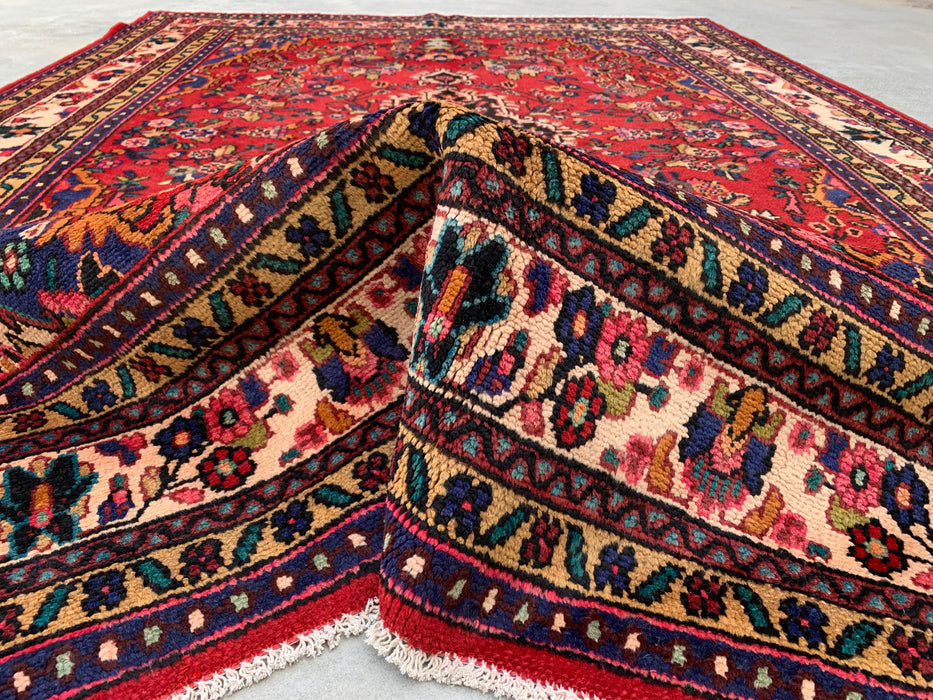 Handmade Persian Wool Area Rug 7x10 - Red Floral Medallion Persian Style Rug with Ivory Border - Exact Size 9'8" x 6'11" - KBHM-849