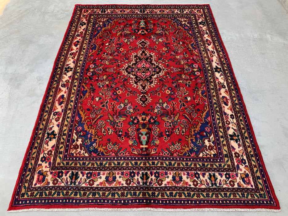 Handmade Persian Wool Area Rug 7x10 - Red Floral Medallion Persian Style Rug with Ivory Border - Exact Size 9'8" x 6'11" - KBHM-849