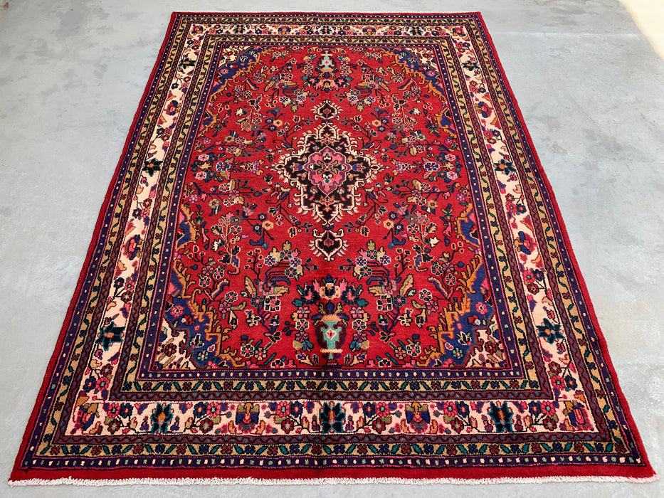 Handmade Persian Wool Area Rug 7x10 - Red Floral Medallion Persian Style Rug with Ivory Border - Exact Size 9'8" x 6'11" - KBHM-849